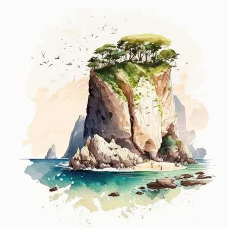 Watercolor illustration of a rocky island with a pine tree in the foregroundの素材