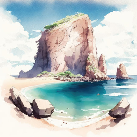 Watercolor painting of a beautiful beach with rocks and blue sea.の素材
