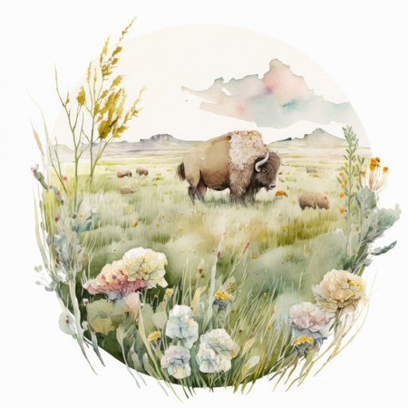 Watercolor illustration of a buffalo grazing in a meadow with flowersの素材