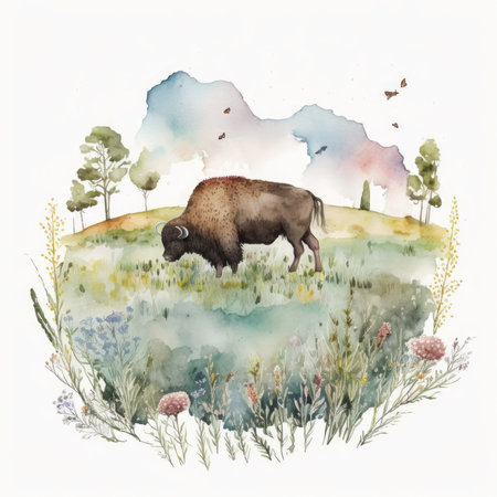 Watercolor wild bison in the meadow. Hand drawn illustrationの素材
