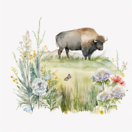 Watercolor illustration of a bison in the meadow with flowersの素材