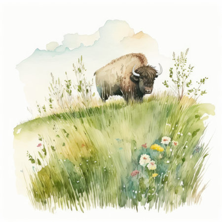 Bison on the meadow. Watercolor illustration for your designの素材