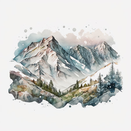 Watercolor mountain landscape. Watercolor hand drawn illustration with mountains.の素材