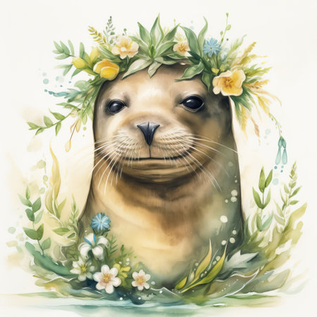 Watercolor portrait of a seal in a wreath of flowers.の素材