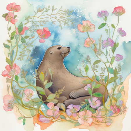 Watercolor illustration of a sea lion sitting on a branch with pink flowers.の素材