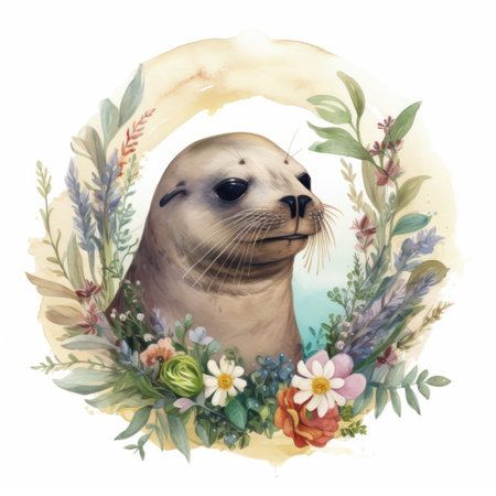 Watercolor sea lion in a wreath of flowers on a white backgroundの素材