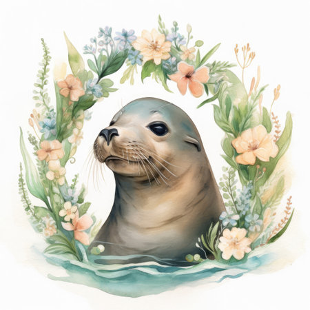 Watercolor cute seal in a wreath of flowers on a white backgroundの素材