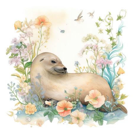 Watercolor cute seal with flowers on a white background. Watercolor illustrationの素材