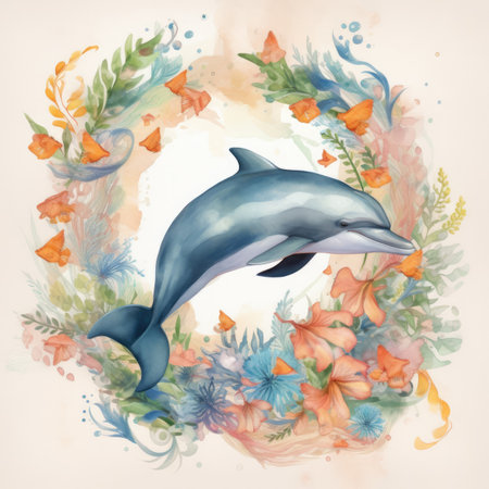 Watercolor illustration with dolphin and flowers. Hand drawn watercolor illustration.の素材