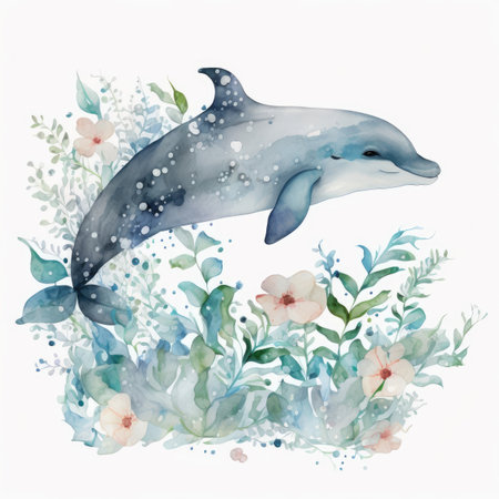 Watercolor illustration of a cute dolphin with flowers and leaves on a white backgroundの素材