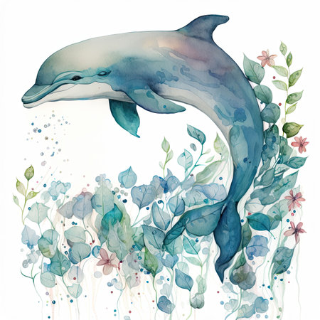 Watercolor illustration of a dolphin on a background of plants and flowersの素材