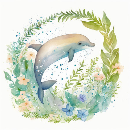 Watercolor illustration of a cute dolphin with floral wreath on white backgroundの素材