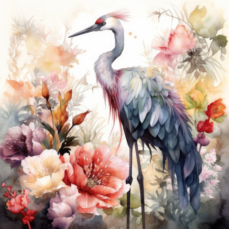 Watercolor painting of a crane and flowers. Hand painted illustration.の素材