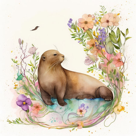Watercolor illustration of a sea lion with flowers on a white backgroundの素材