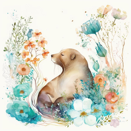 Watercolor cute dog and flowers. Hand drawn illustration on white backgroundの素材