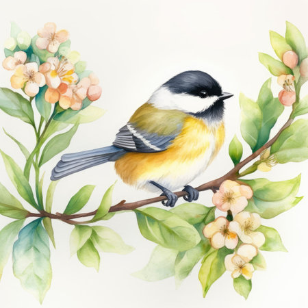 Watercolor illustration of a titmouse on a branch with flowers.の素材