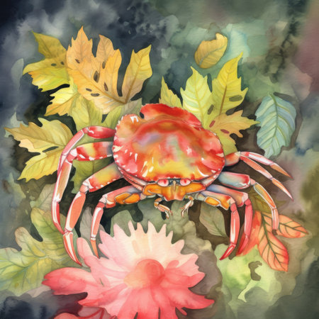 Watercolor illustration of a crab on a background of autumn leaves.の素材