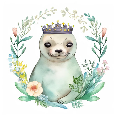 Cute seal with crown and flowers. Watercolor hand drawn illustrationの素材