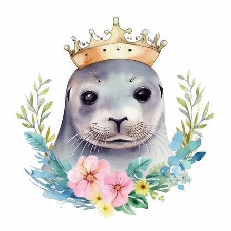 Watercolor seal with crown and flowers on white background. Watercolor illustration.の素材