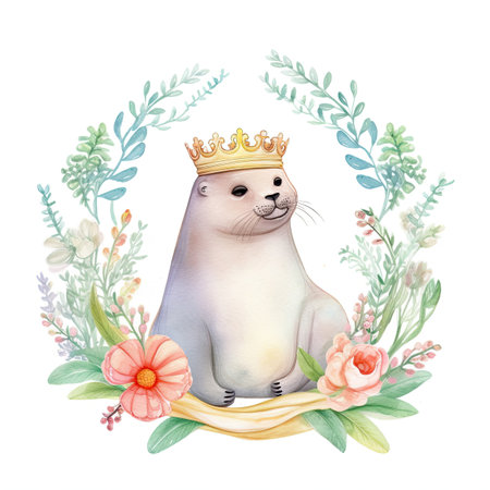 Watercolor cute seal with crown and flowers. Watercolor illustration.の素材