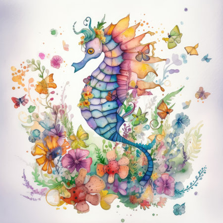 Watercolor seahorse with flowers and butterflies on white background.の素材