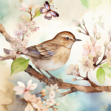 Watercolor illustration of a bird on a branch with sakura flowersの素材