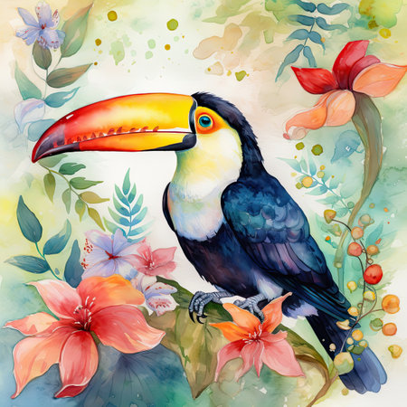 Watercolor toucan with tropical flowers. Hand drawn vector illustration.の素材