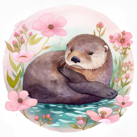 Watercolor portrait of a cute otter with flowers on a white backgroundの素材