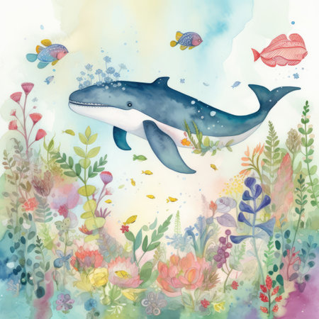 Watercolor vector illustration of a cute whale swimming among the flowers.の素材