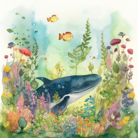 Watercolor illustration of a whale in the sea with flowers and plantsの素材