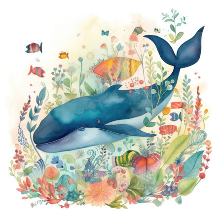 Watercolor illustration of a blue whale in the sea surrounded by flowersの素材