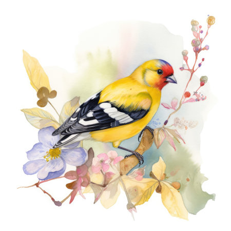 Beautiful watercolor illustration with a bird on a branch with leaves and flowersの素材