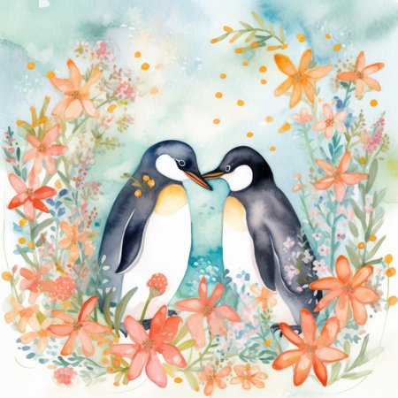 Watercolor illustration of a couple of penguins on a background of flowersの素材