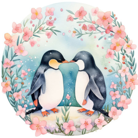 Watercolor illustration of a couple of penguins on a background of flowersの素材