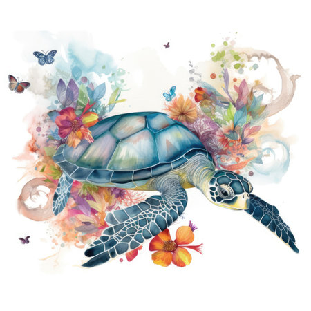 Watercolor sea turtle with flowers and butterflies isolated on white background.の素材