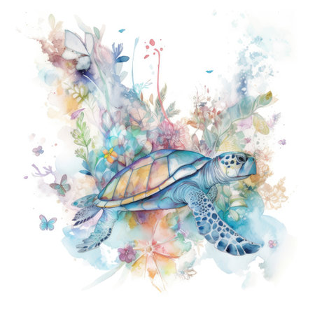 Watercolor illustration of a sea turtle on a background of flowers.の素材