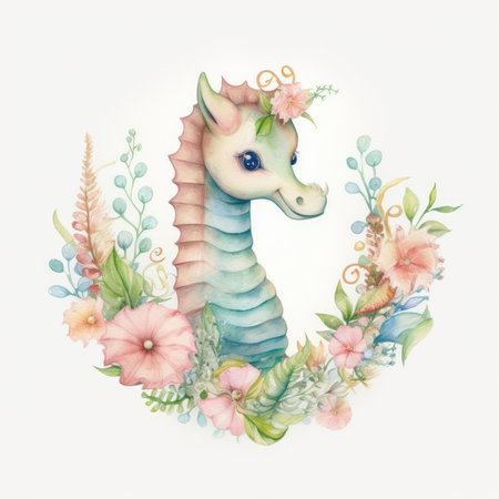Watercolor seahorse with floral wreath isolated on white backgroundの素材