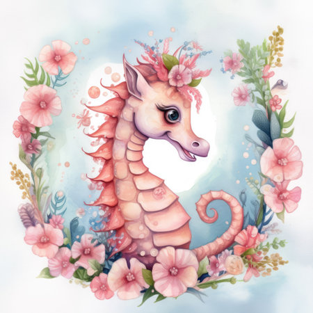 Watercolor seahorse with floral wreath. Hand drawn illustrationの素材