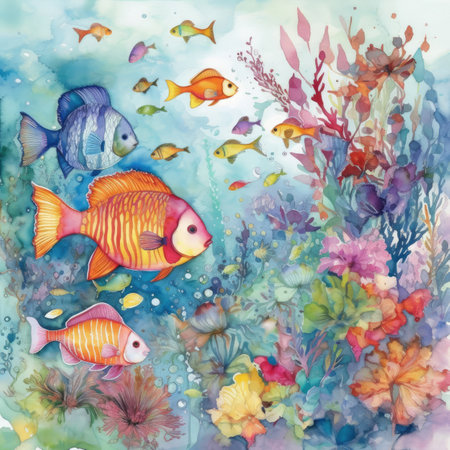 Watercolor illustration of underwater world with fishes, corals and algaeの素材