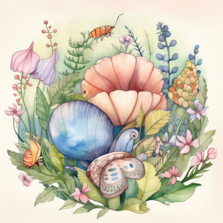 Watercolor illustration of a bouquet of spring flowers and butterflies.の素材