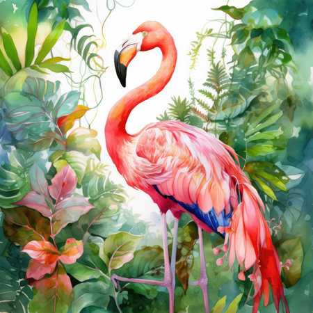 Watercolor flamingo in tropical jungle. Hand drawn exotic bird illustrationの素材