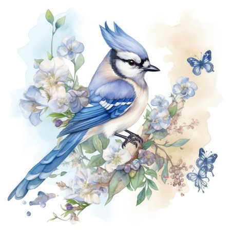 Blue jay with flowers. Watercolor illustration on white background.の素材
