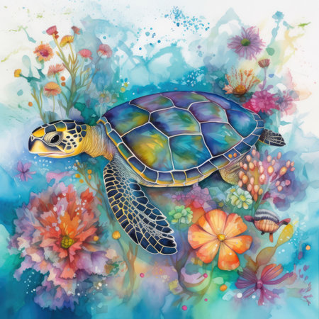 Watercolor illustration of a sea turtle on a background of flowers.の素材