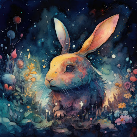 Watercolor illustration of a cute hare on the background of a fantasy landscape.の素材
