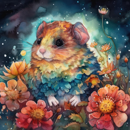Cute hamster with flowers. Watercolor illustration on a dark background.の素材