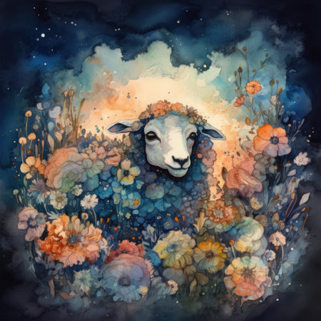 Watercolor illustration of a sheep surrounded by flowers. Digital painting.の素材