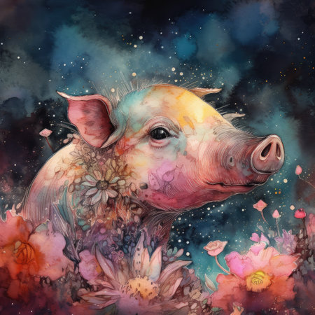 Beautiful watercolor painting of a pig with flowers on a dark backgroundの素材