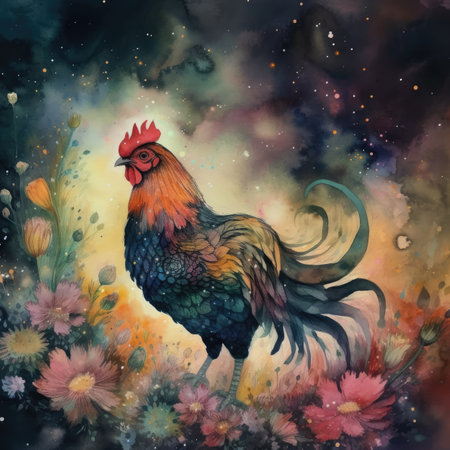 Watercolor painting of a rooster with flowers on a cosmic backgroundの素材