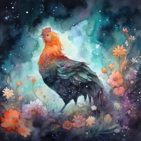 Watercolor illustration of a rooster on a background of flowers.の素材