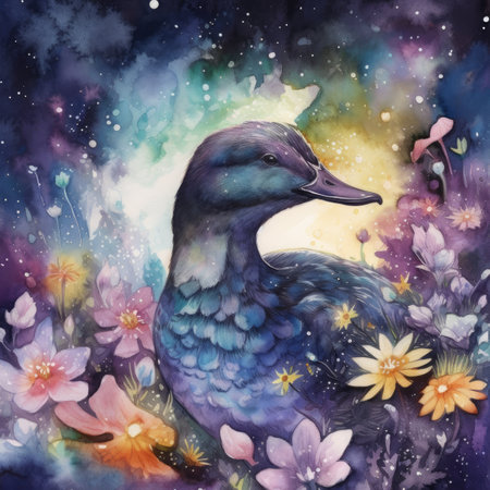 Beautiful watercolor illustration of a blue duck with flowers on a starry backgroundの素材